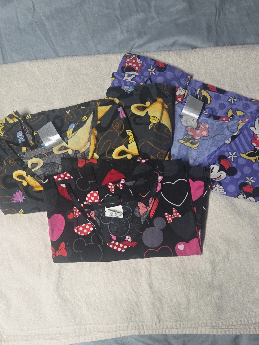 3 Woman Minnie Mouse Aladdin Print Scrubs - Black, Purple, Yellow